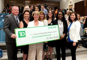 Members of the TD Bank Group present YPI staff and board with a cheque for $500,000